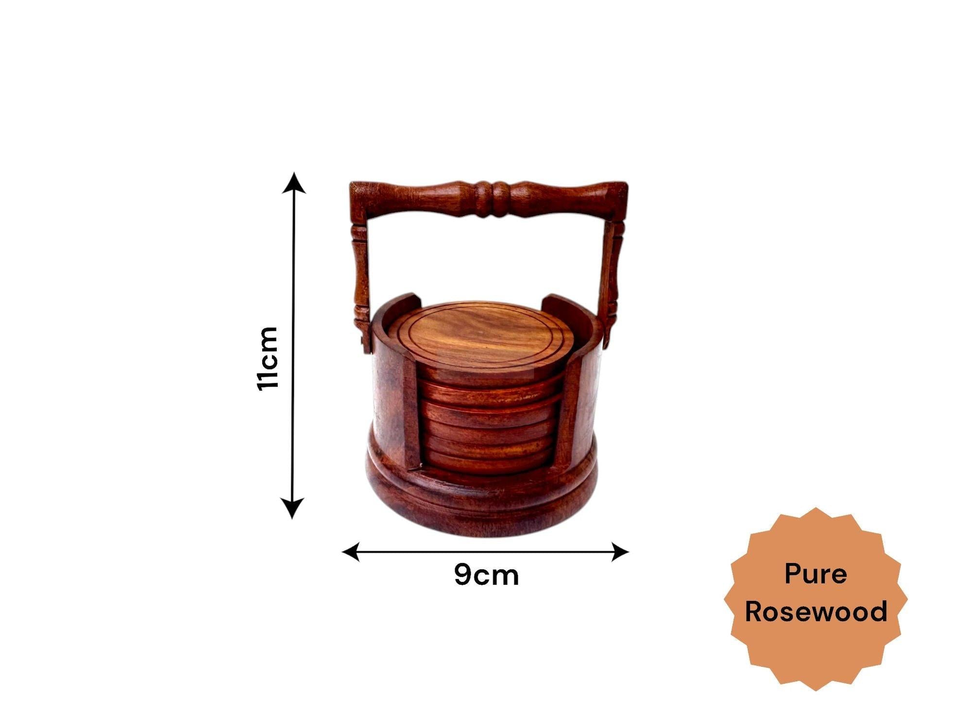 Handcrafted Wooden Coaster Set with Holder, Durable Round Coasters for Drinks, Eco-Friendly Rustic Decor with Carrying Handle-Trays-BEESARI