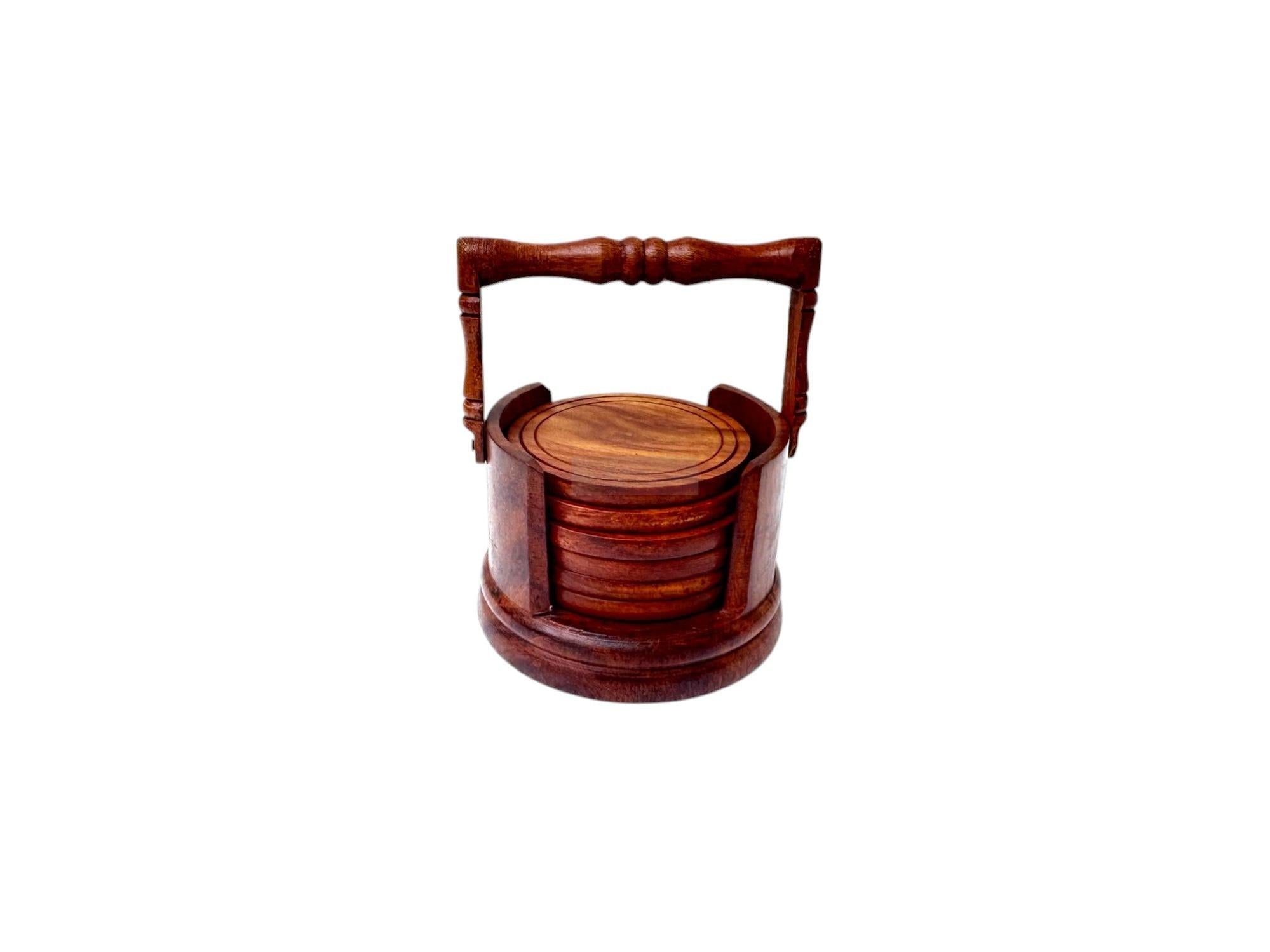Handcrafted Wooden Coaster Set with Holder, Durable Round Coasters for Drinks, Eco-Friendly Rustic Decor with Carrying Handle-Trays-BEESARI