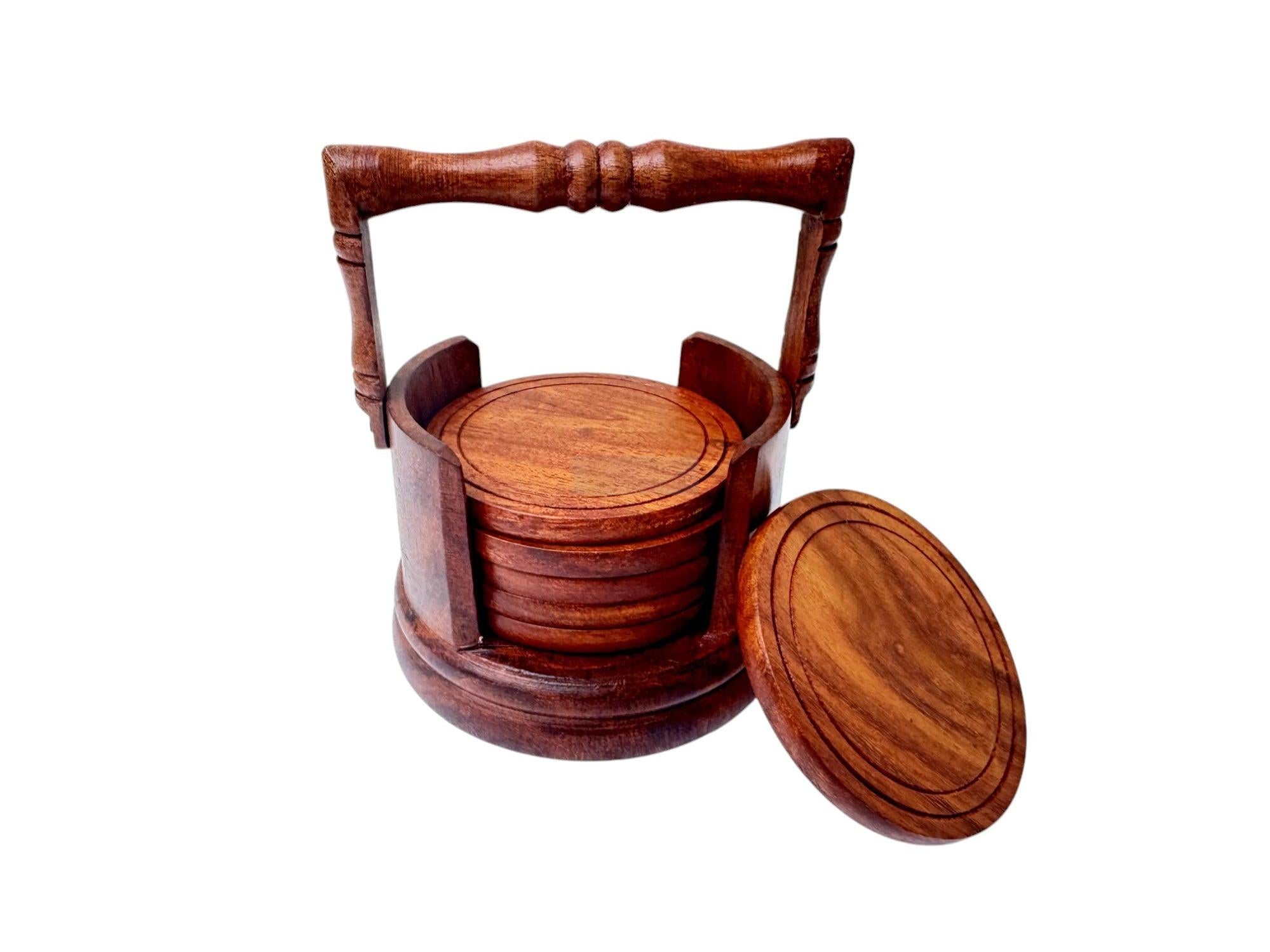 Handcrafted Wooden Coaster Set with Holder, Durable Round Coasters for Drinks, Eco-Friendly Rustic Decor with Carrying Handle-Trays-BEESARI
