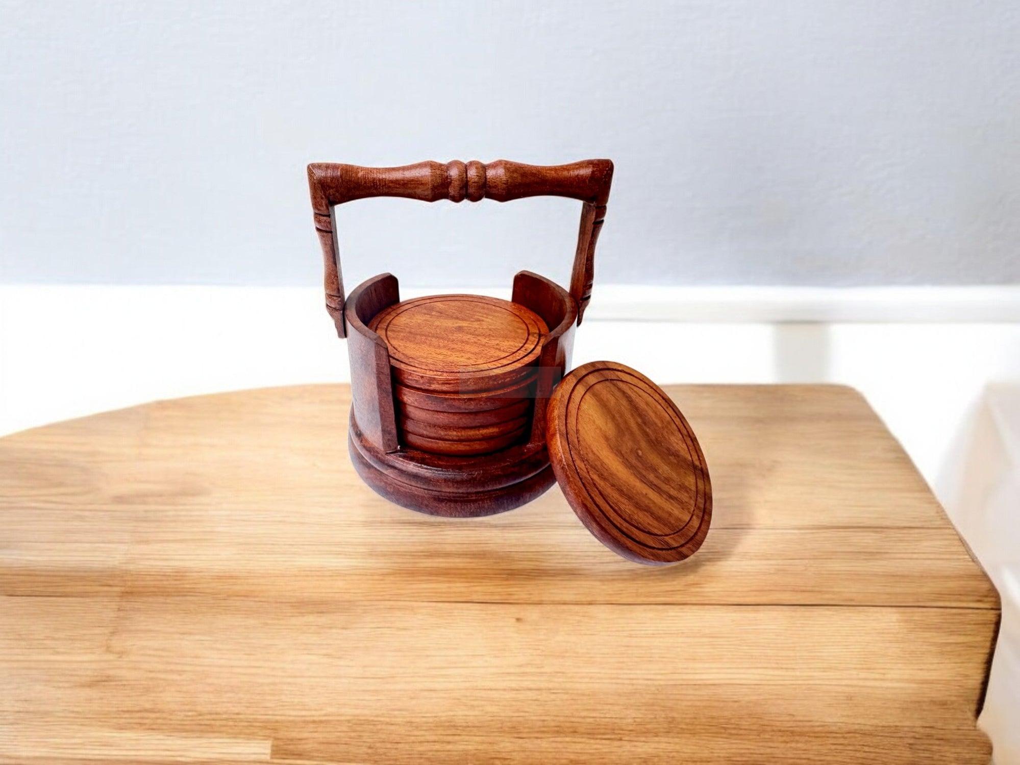 Handcrafted Wooden Coaster Set with Holder, Durable Round Coasters for Drinks, Eco-Friendly Rustic Decor with Carrying Handle-Trays-BEESARI