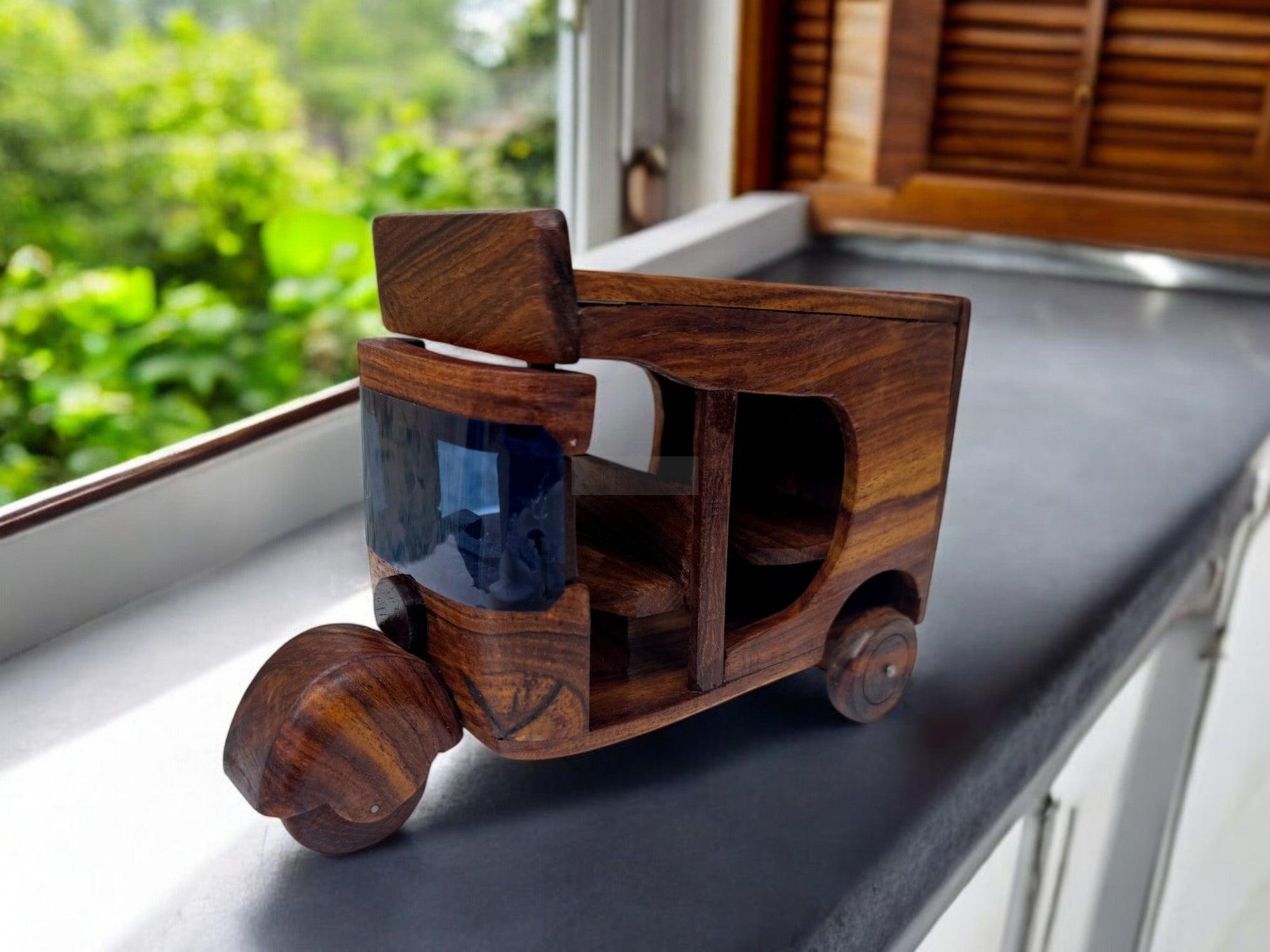 Handcrafted Wooden Rickshaw - Intricate Sheesham Wood Art Piece for Unique Home and Office Decor, Perfect Gift Idea-Decor Pcs-BEESARI