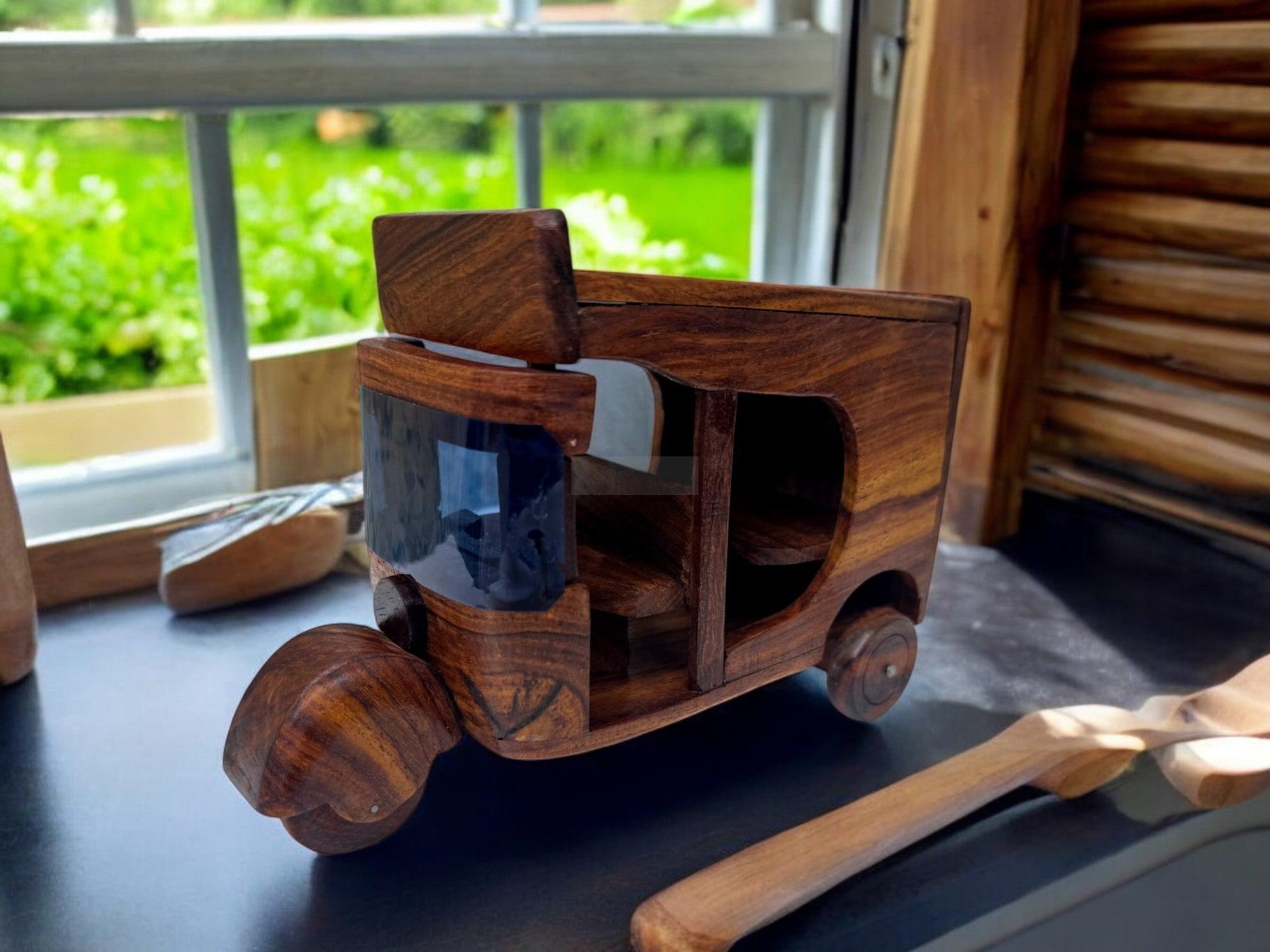 Handcrafted Wooden Rickshaw - Intricate Sheesham Wood Art Piece for Unique Home and Office Decor, Perfect Gift Idea-Decor Pcs-BEESARI