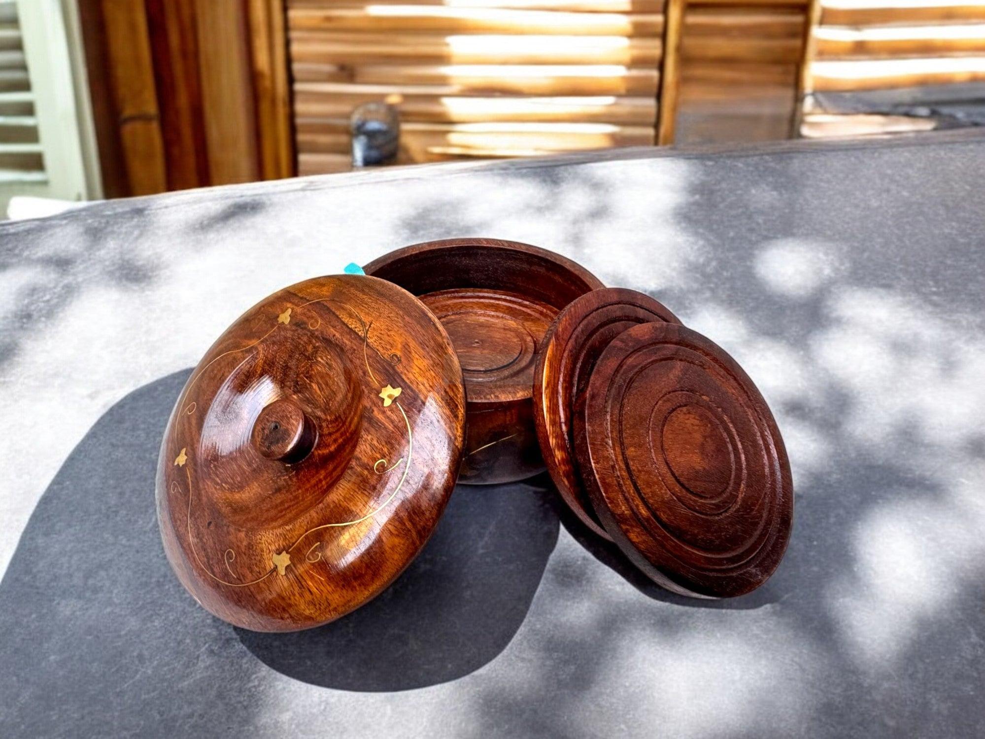 Handcrafted Wooden Tea Coaster Set with Brass Inlay - Elegant Table Decor with Holder for Protection and Style-Trays-BEESARI
