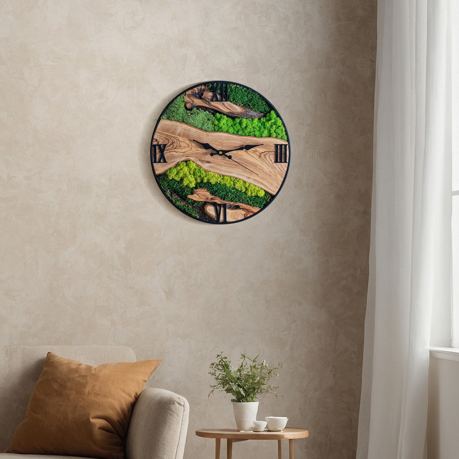 Handmade Moss and Olive Wood Wall Clock with Metal Frame – Preserved Stabilized Moss Wall Art Clock for Living Room, Bedroom & Office – Unique Valentine's Day Gift-Wall Clock-BEESARI