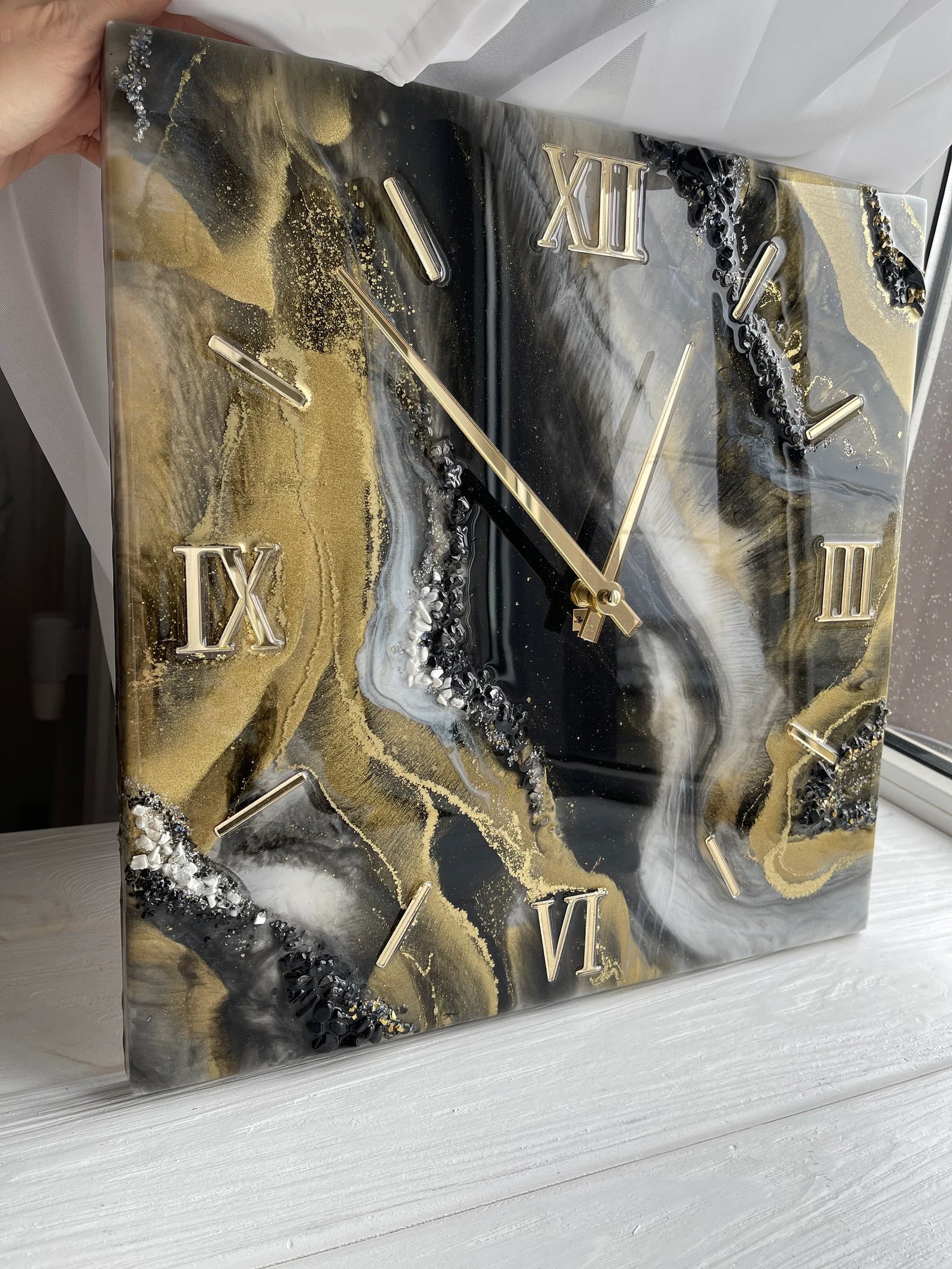 Handmade Resin Art Wall Square Clock – Large Black and White Wall Clock with Natural Stones – Abstract Modern Office Wall Decor for Home, Living Room, and Stylish Interiors-Wall Clock-BEESARI