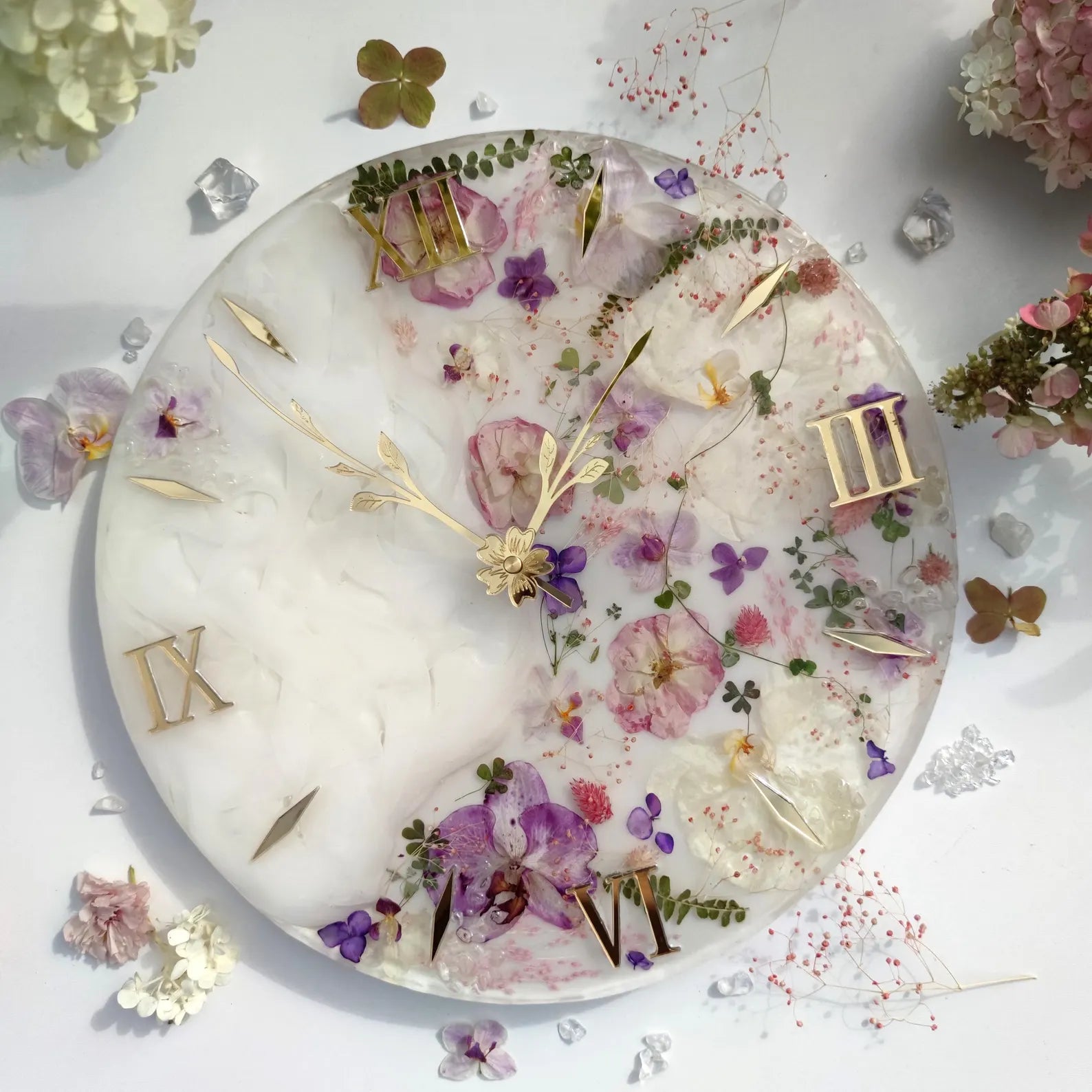 Handmade Resin Clock for Wall with Dried Flowers – Unique Floral Bedroom Wall Art, Over Bed Botanical Decor, Mother's Day Gift, Living Room Wall Clock, Modern Home & Room Decor-Wall Clock-BEESARI