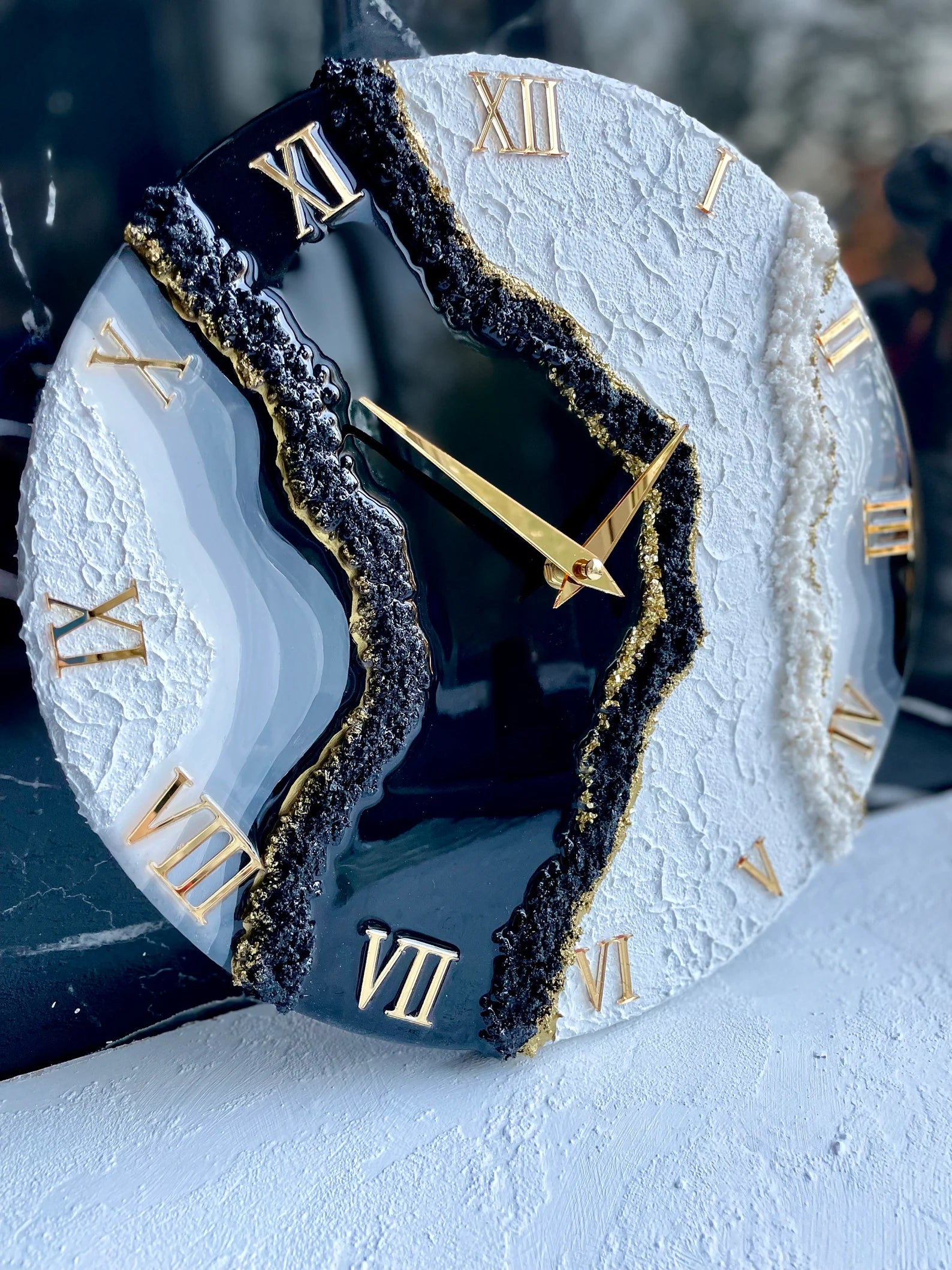 Handmade Resin Wall Clock – Black White Gold Art – Minimalist Wall Decor – Luxury Housewarming Gift – Modern Abstract Resin Art Clock-Wall Clock-BEESARI
