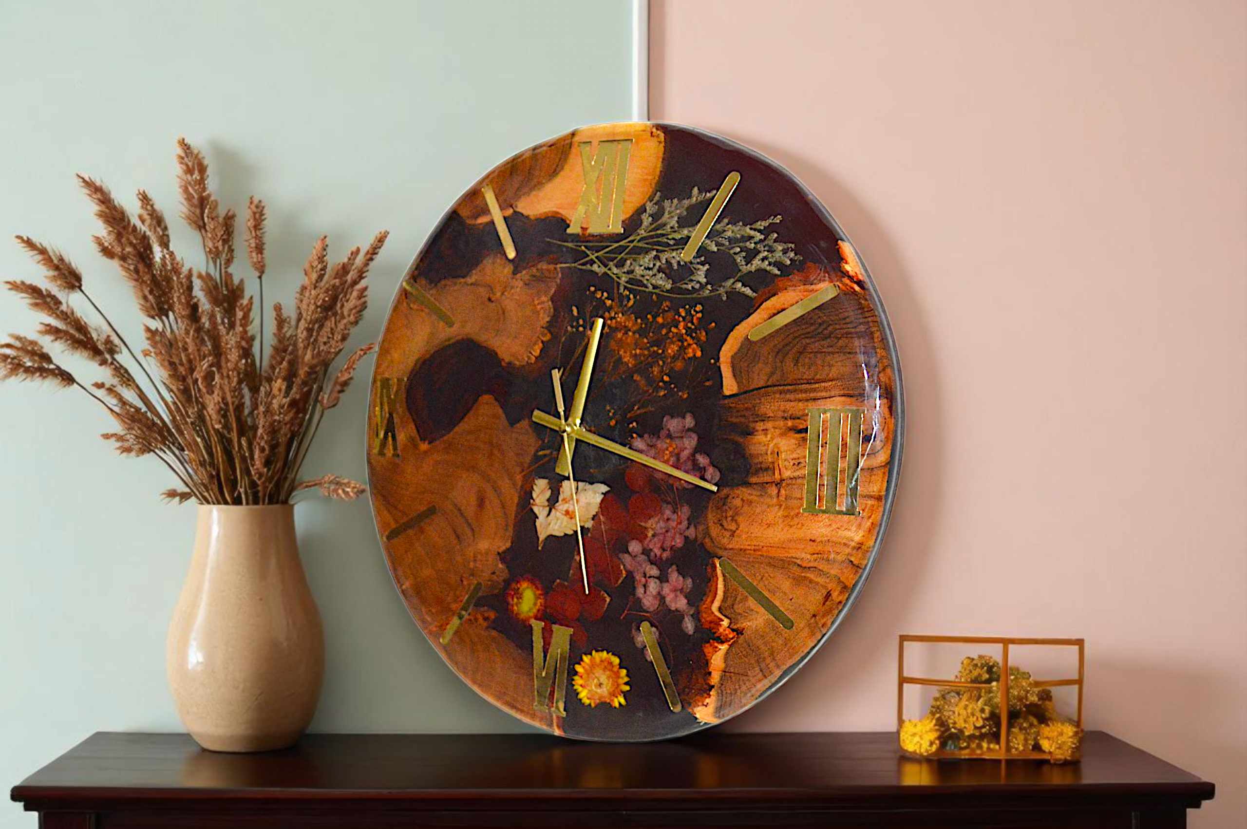 Handmade Resin and Wood Wall Clock with Flowers – Round Botanical Epoxy Art Clock with Roman Numerals, Rustic Floral Decor for Home, Office & Living Room