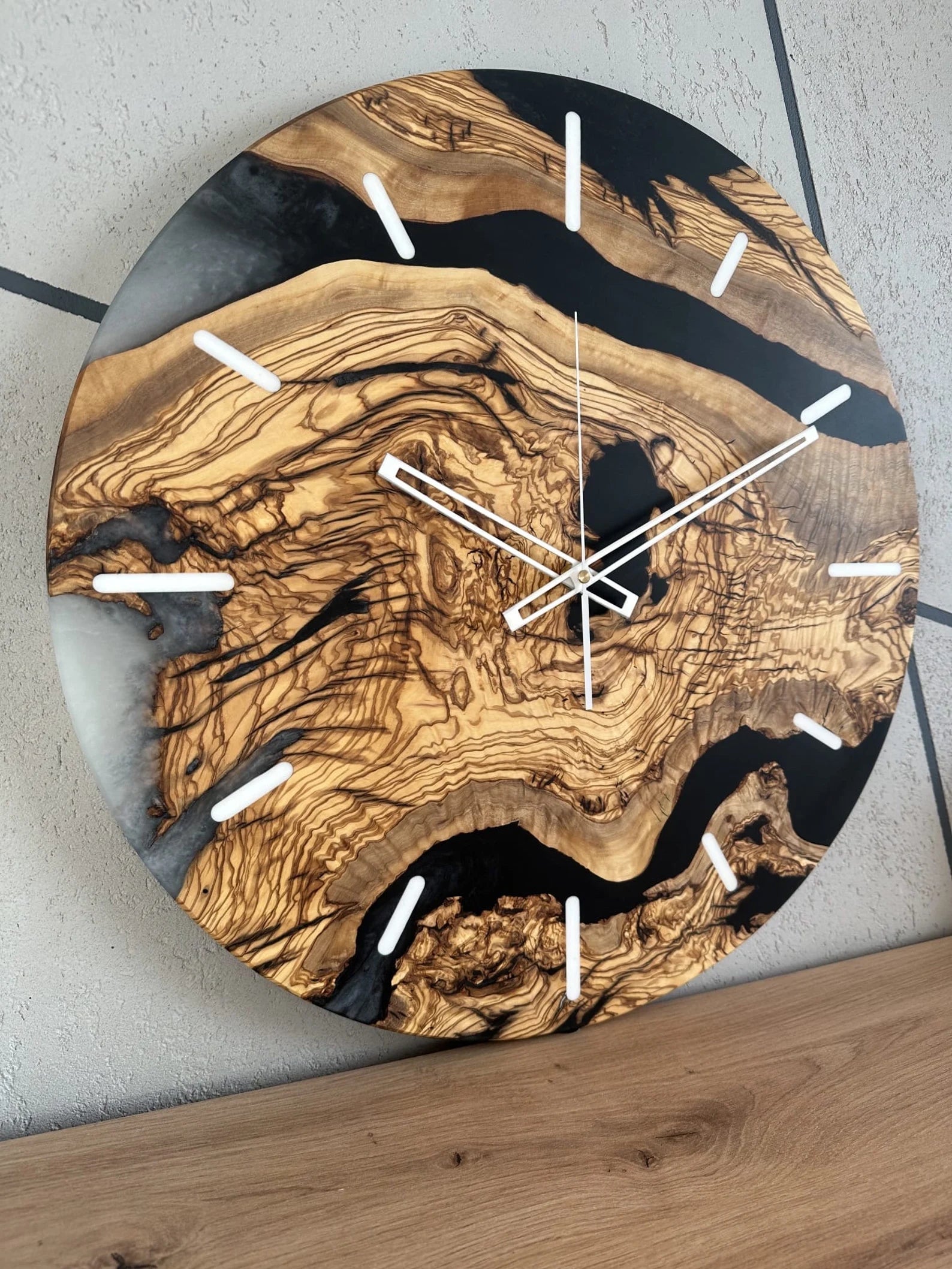 Handmade Walnut Wood and Epoxy Resin Wall Clock – Unique Wooden Wall Clock, Loft Style Home Decor, Modern Rustic Gift, Large Natural Wood Resin Clock for Living Room and Office-Wall Clock-BEESARI