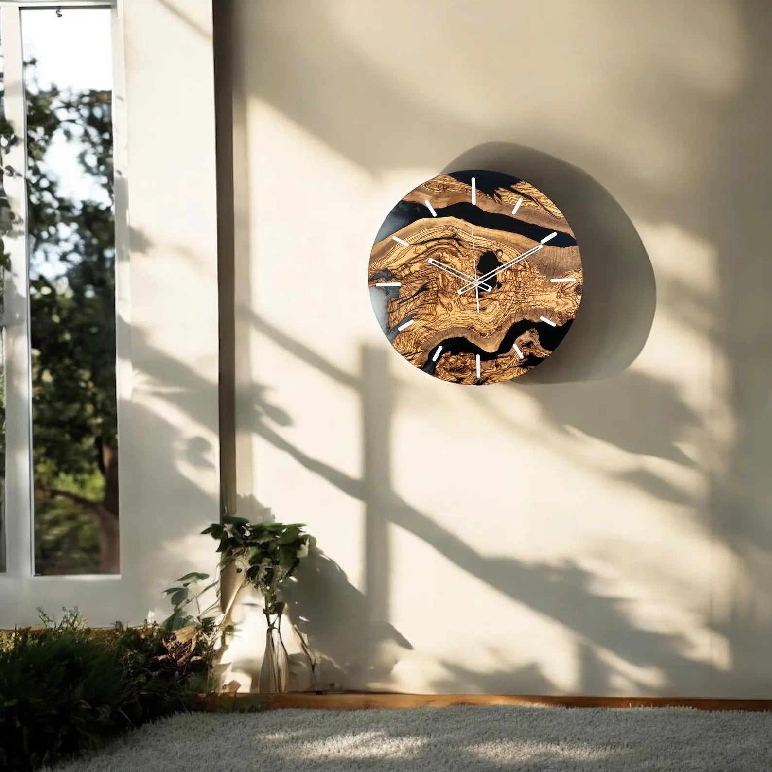 Handmade Walnut Wood and Epoxy Resin Wall Clock – Unique Wooden Wall Clock, Loft Style Home Decor, Modern Rustic Gift, Large Natural Wood Resin Clock for Living Room and Office-Wall Clock-BEESARI