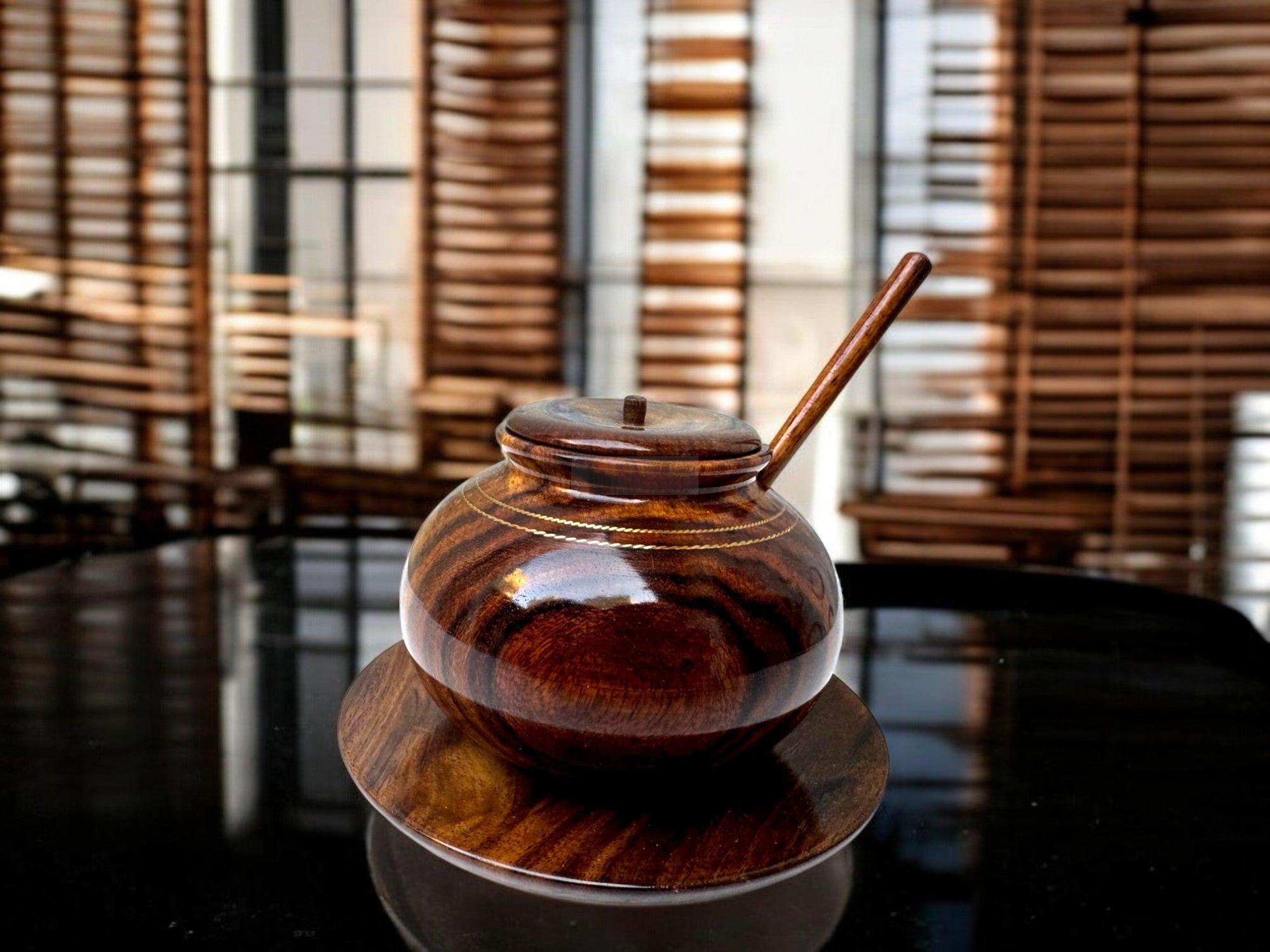 Handmade Wooden Honey Pot with Spoon and Lid - Rustic Sugar Jar, Natural Spice Container, Eco-Friendly Kitchen Storage, Perfect for Honey & Jam-Jars-BEESARI