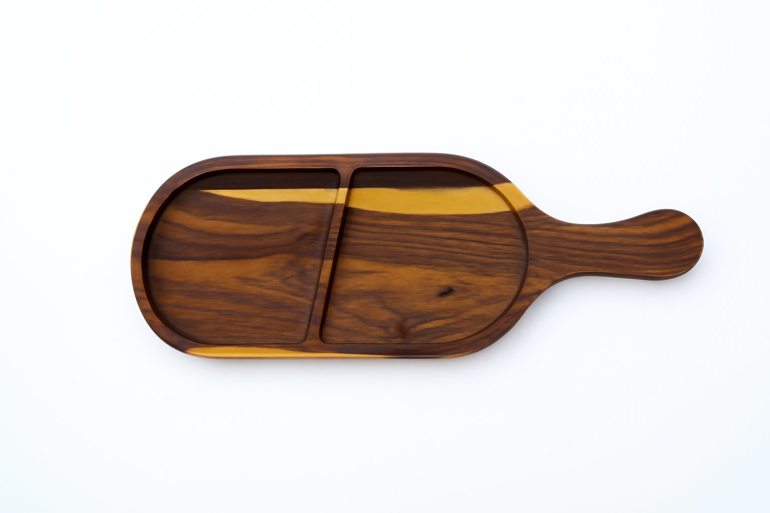 Handmade Wooden Two Portion Serving Tray with Handle – Rustic Rosewood Snack, Dip, Charcuterie, Cheese & Cracker Tray for Home & Kitchen Entertaining