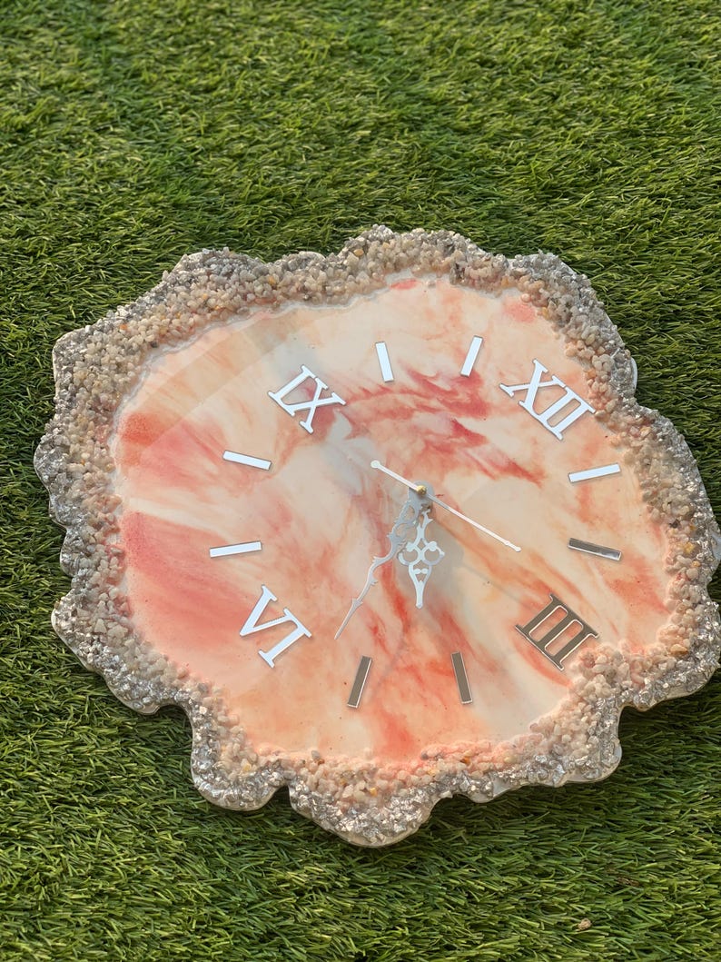 Live Edge Stone Work Resin Wall Clock - Orange Color, Unique Design-Wall Clock-BEESARI