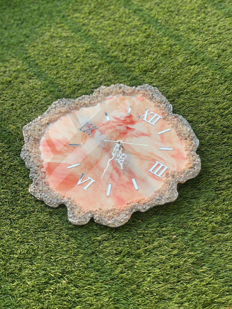 Live Edge Stone Work Resin Wall Clock - Orange Color, Unique Design-Wall Clock-BEESARI