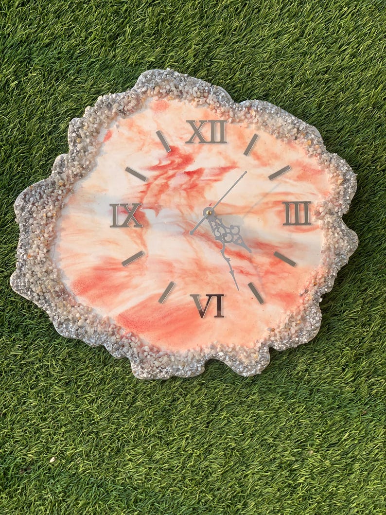 Live Edge Stone Work Resin Wall Clock - Orange Color, Unique Design-Wall Clock-BEESARI