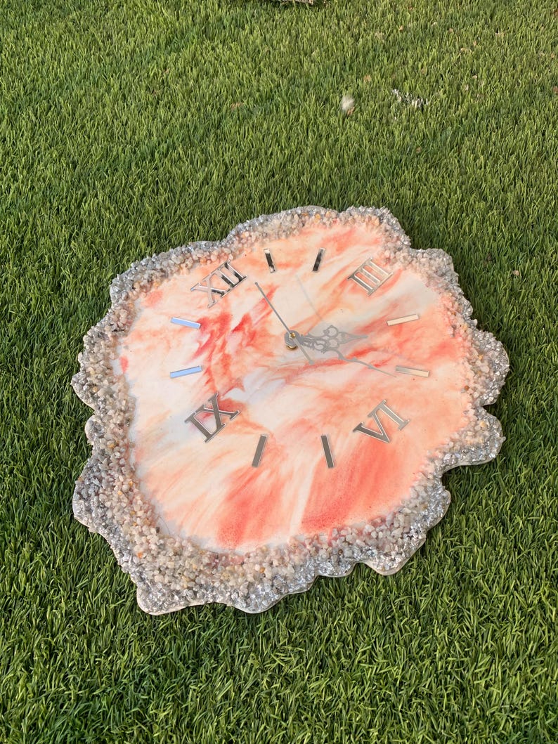 Live Edge Stone Work Resin Wall Clock - Orange Color, Unique Design-Wall Clock-BEESARI