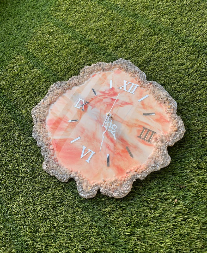 Live Edge Stone Work Resin Wall Clock - Orange Color, Unique Design-Wall Clock-BEESARI