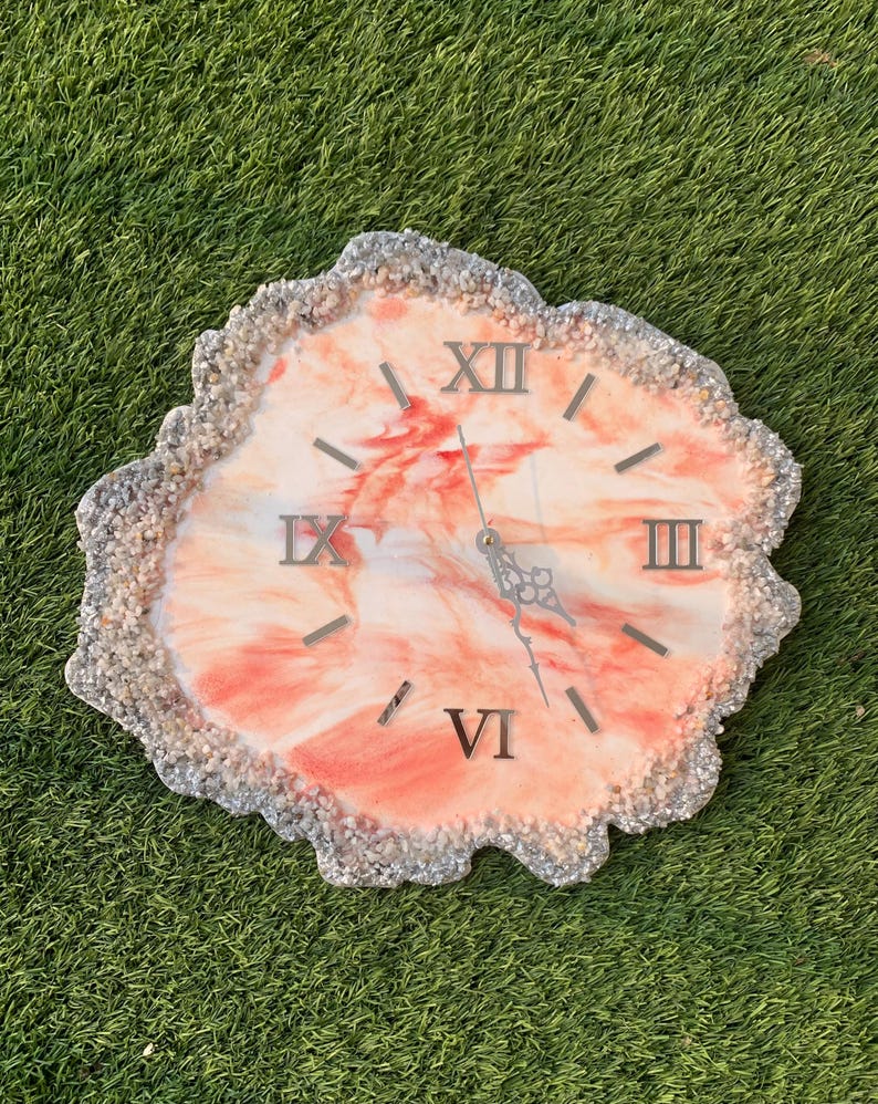 Live Edge Stone Work Resin Wall Clock - Orange Color, Unique Design-Wall Clock-BEESARI