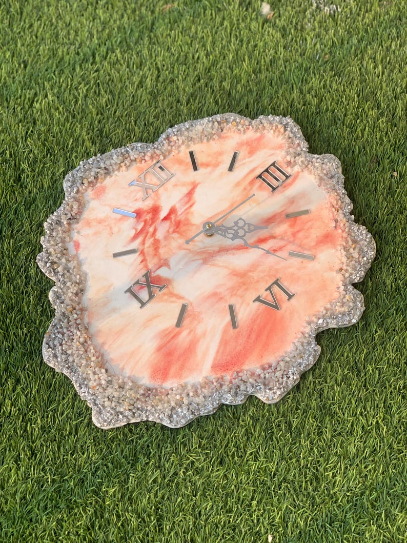 Live Edge Stone Work Resin Wall Clock - Orange Color, Unique Design-Wall Clock-BEESARI