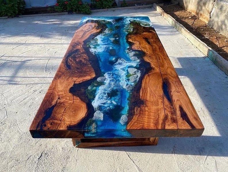 Live Edge Wooden Resin Table in Beach style - Natural Beauty & Unique Design with Wooden Legs-Tables-BEESARI