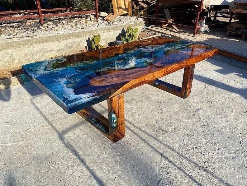 Live Edge Wooden Resin Table in Beach style - Natural Beauty & Unique Design with Wooden Legs-Tables-BEESARI