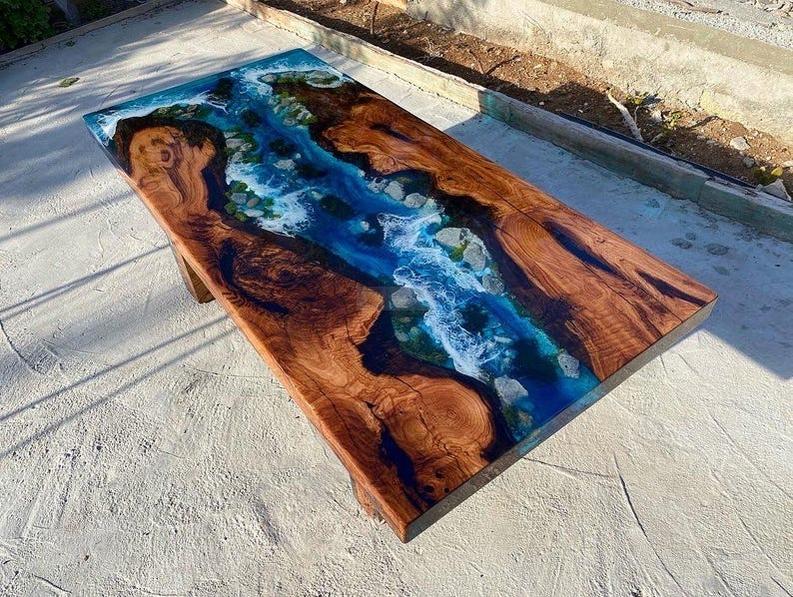 Live Edge Wooden Resin Table in Beach style - Natural Beauty & Unique Design with Wooden Legs-Tables-BEESARI