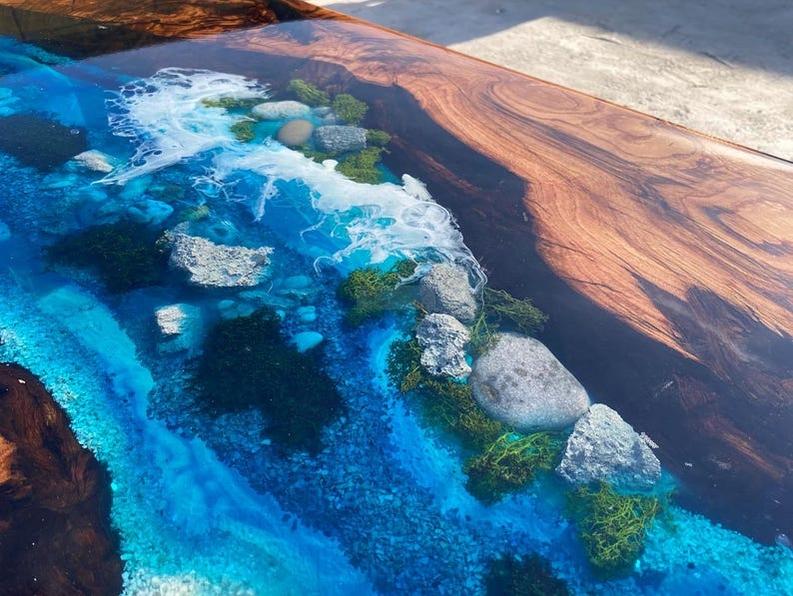 Live Edge Wooden Resin Table in Beach style - Natural Beauty & Unique Design with Wooden Legs-Tables-BEESARI