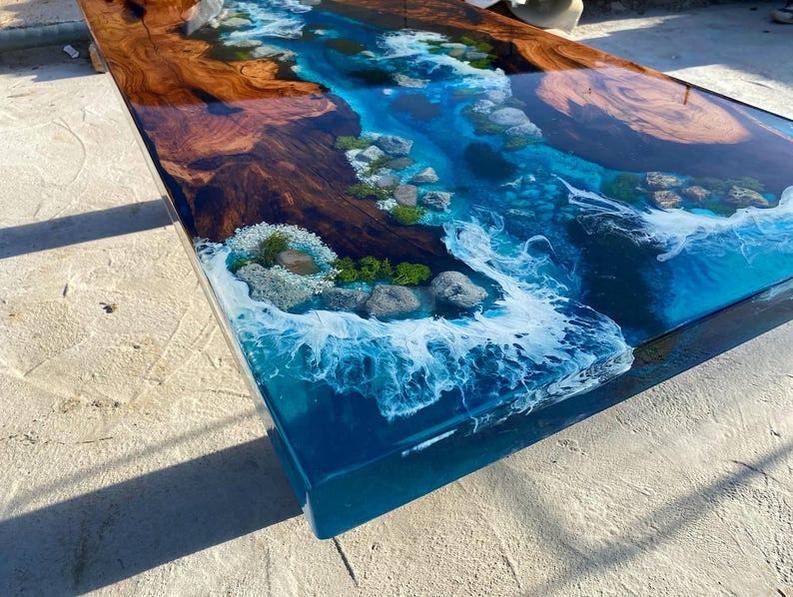 Live Edge Wooden Resin Table in Beach style - Natural Beauty & Unique Design with Wooden Legs-Tables-BEESARI