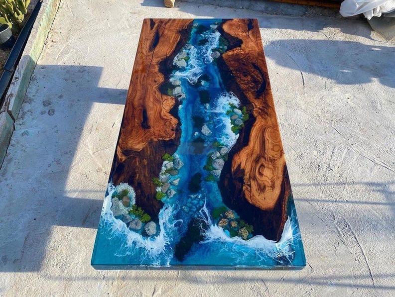 Live Edge Wooden Resin Table in Beach style - Natural Beauty & Unique Design with Wooden Legs-Tables-BEESARI