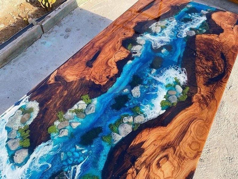Live Edge Wooden Resin Table in Beach style - Natural Beauty & Unique Design with Wooden Legs-Tables-BEESARI