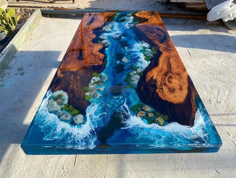 Live Edge Wooden Resin Table in Beach style - Natural Beauty & Unique Design with Wooden Legs-Tables-BEESARI