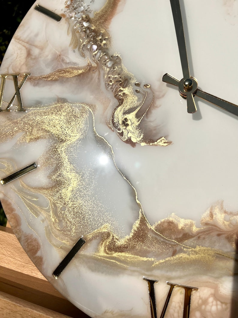 Minimalist White and Gold Wall Clock with Luxe Stone Inlays-Wall Clock-BEESARI