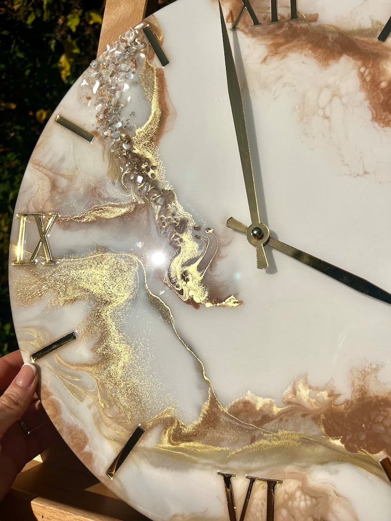 Minimalist White and Gold Wall Clock with Luxe Stone Inlays-Wall Clock-BEESARI
