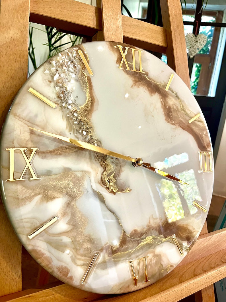 Minimalist White and Gold Wall Clock with Luxe Stone Inlays-Wall Clock-BEESARI