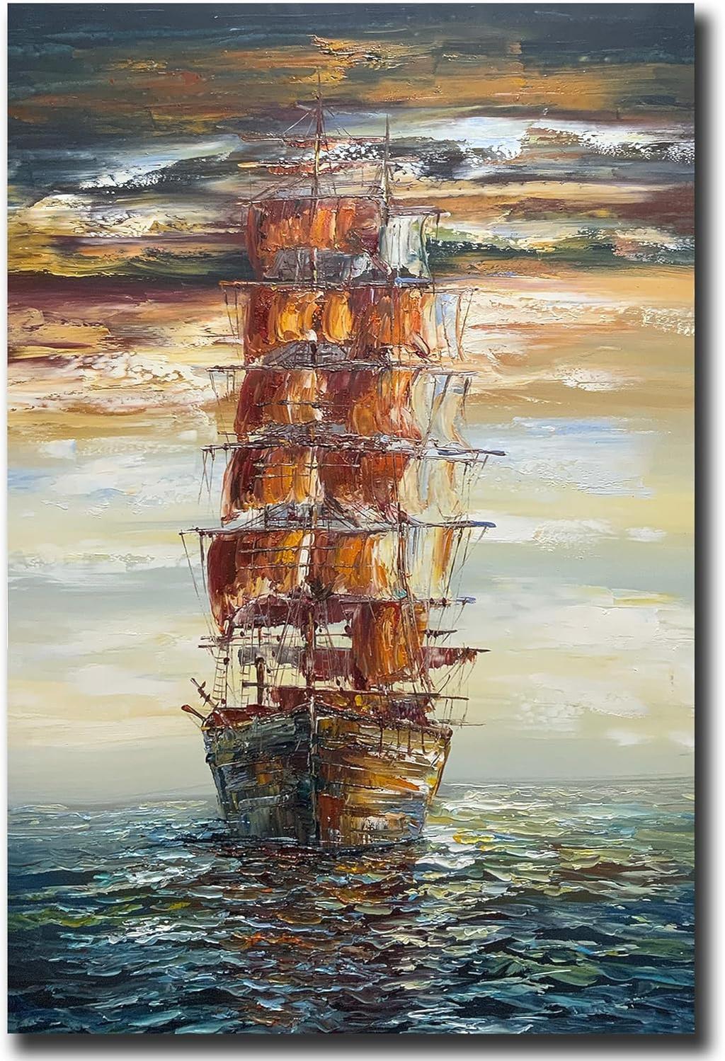 Modern Abstract Hand painted Sailboat Oil Paintings Acrylic Painted Canvas Wall Art Decor for Living room Bedroom Dining room Artwork for Home Walls-Painting-BEESARI