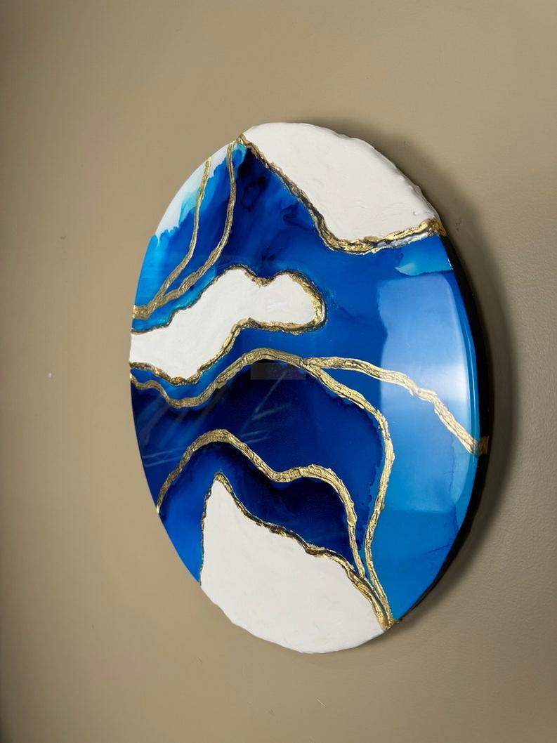 Modern Round Resin Wall Art with Blue and White Texture-Wall Decor-BEESARI