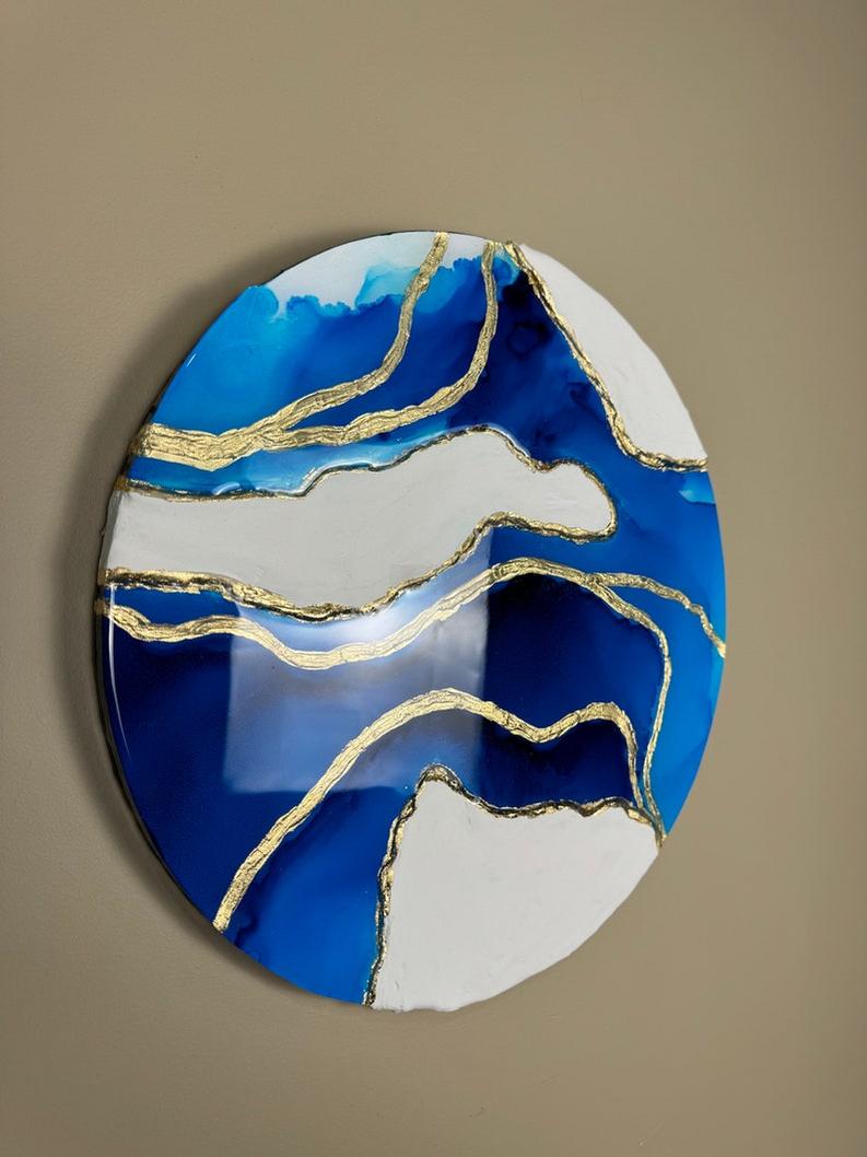 Modern Round Resin Wall Art with Blue and White Texture-Wall Decor-BEESARI