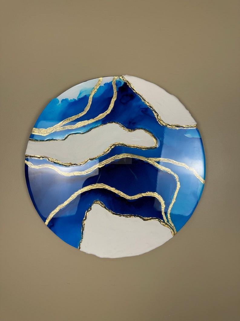 Modern Round Resin Wall Art with Blue and White Texture-Wall Decor-BEESARI