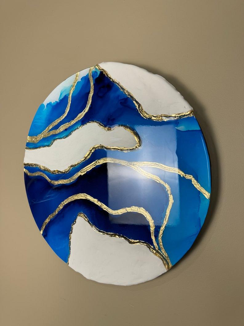 Modern Round Resin Wall Art with Blue and White Texture-Wall Decor-BEESARI