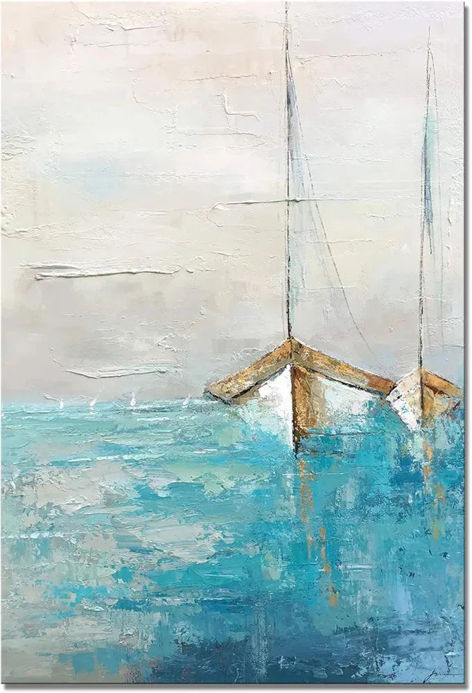 Ocean Canvas Wall Art - Abstract Beach Painting with Textured - Teal Coastal Painting - Sailing Boat Artwork for Living Room Bedroom Decor-Painting-BEESARI