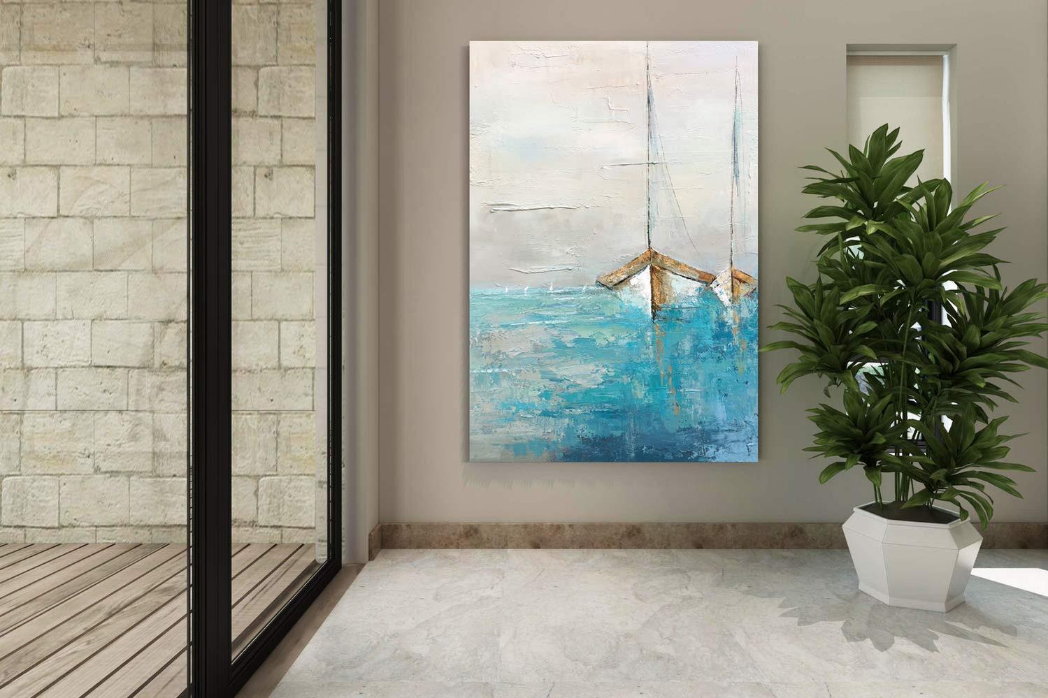 Ocean Canvas Wall Art - Abstract Beach Painting with Textured - Teal Coastal Painting - Sailing Boat Artwork for Living Room Bedroom Decor-Painting-BEESARI