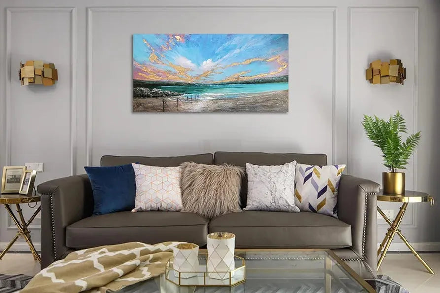 Ocean Teal Wall Art Canvas Coastal Beach Painting Blue Turquoise Landscape Sunset Painting, Panoramic Gold Foil Textured Large Artwork Framed for Living Room Bedroom Bathroom Wall Decor-Painting-BEESARI