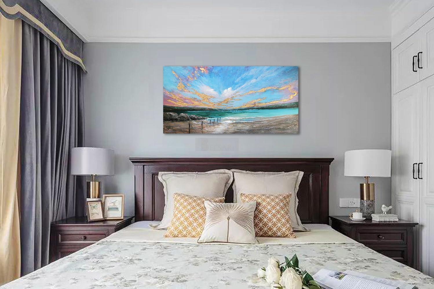 Ocean Teal Wall Art Canvas Coastal Beach Painting Blue Turquoise Landscape Sunset Painting, Panoramic Gold Foil Textured Large Artwork Framed for Living Room Bedroom Bathroom Wall Decor-Painting-BEESARI
