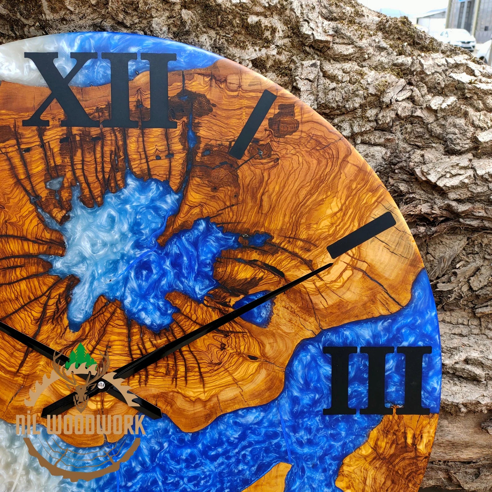 Personalized Large Wall Clock Made of Walnut Wood – Unique Epoxy Resin Wall Clock with Modern Elegance, Custom Resin Wooden Wall Clock, Handmade Olive Wood Timepiece for Home Décor-Wall Clock-BEESARI