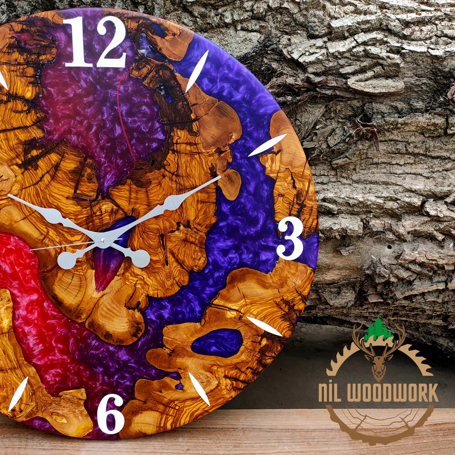 Personalized Large Wall Clock Made of Walnut Wood – Unique Epoxy Resin Wall Clock with Modern Elegance, Custom Resin Wooden Wall Clock, Handmade Olive Wood Timepiece for Home Décor-Wall Clock-BEESARI