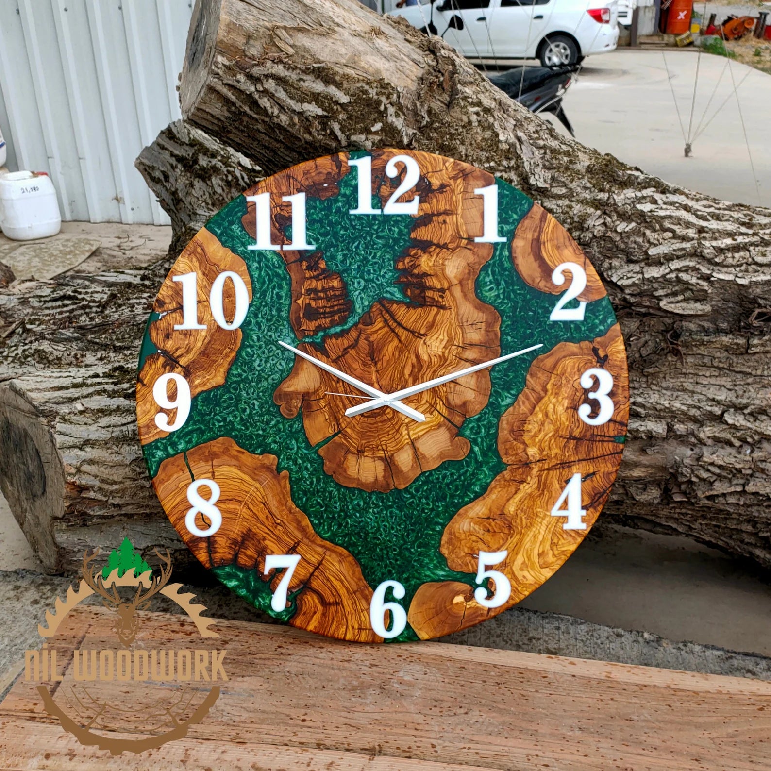 Personalized Large Wall Clock Made of Walnut Wood – Unique Epoxy Resin Wall Clock with Modern Elegance, Custom Resin Wooden Wall Clock, Handmade Olive Wood Timepiece for Home Décor-Wall Clock-BEESARI