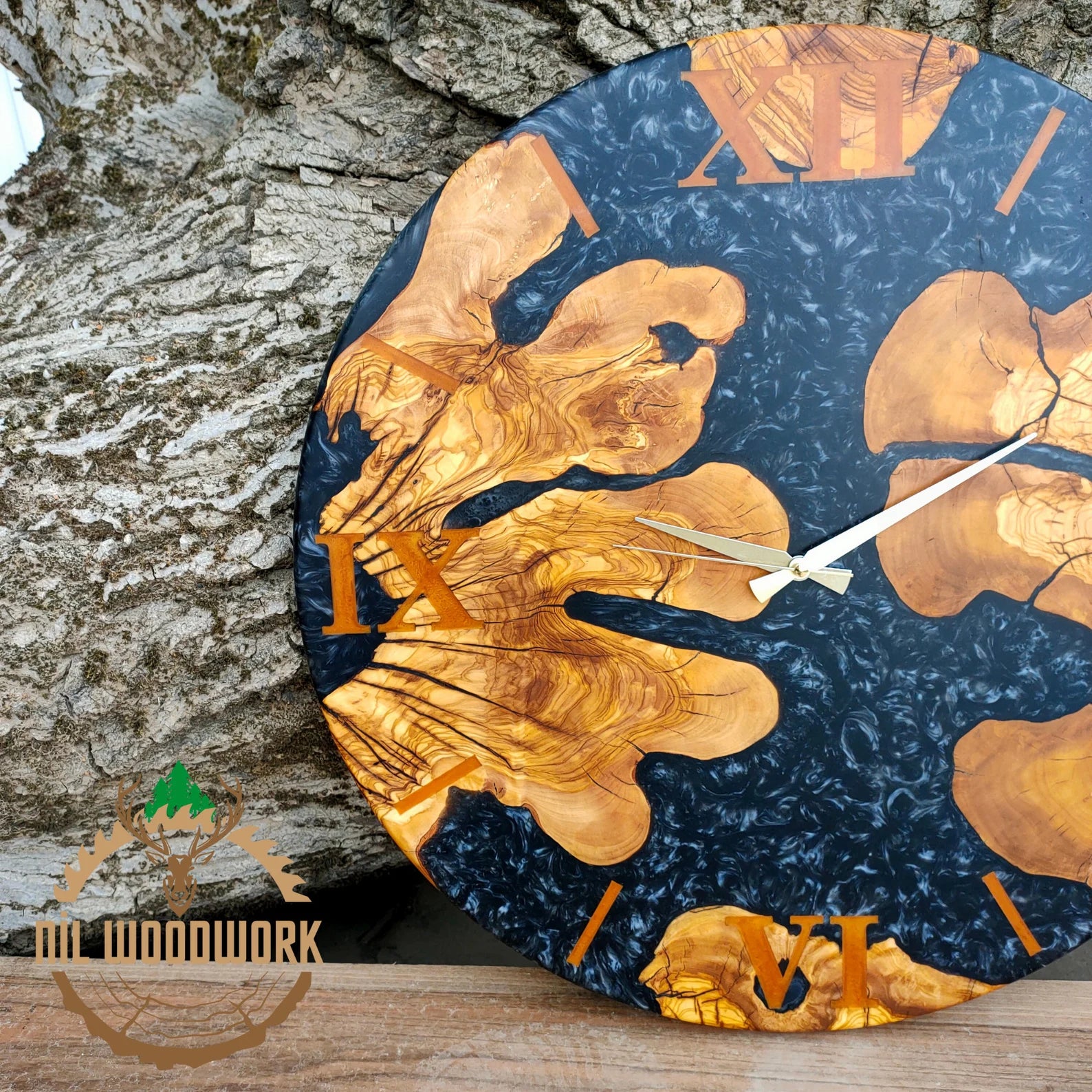 Personalized Large Wall Clock Made of Walnut Wood – Unique Epoxy Resin Wall Clock with Modern Elegance, Custom Resin Wooden Wall Clock, Handmade Olive Wood Timepiece for Home Décor-Wall Clock-BEESARI