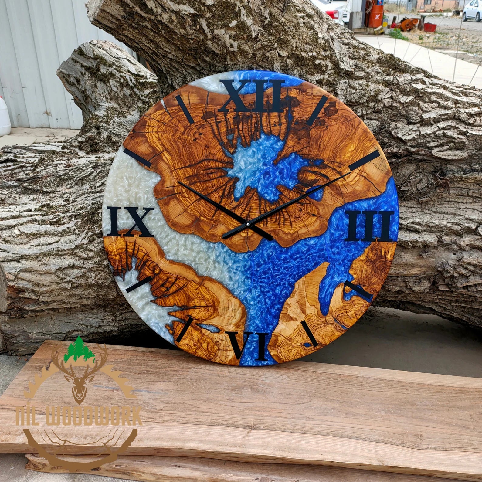 Personalized Large Wall Clock Made of Walnut Wood – Unique Epoxy Resin Wall Clock with Modern Elegance, Custom Resin Wooden Wall Clock, Handmade Olive Wood Timepiece for Home Décor-Wall Clock-BEESARI