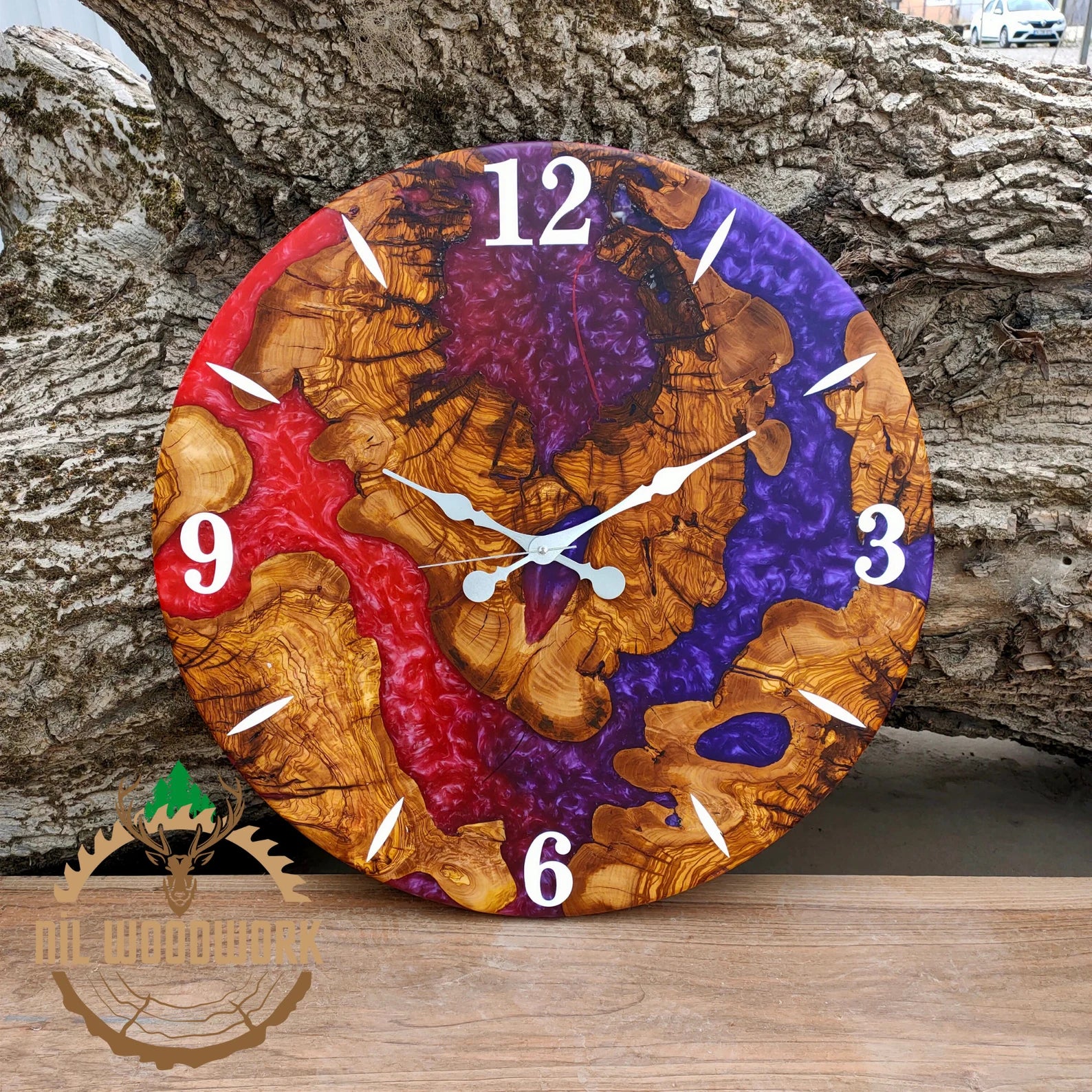 Personalized Large Wall Clock Made of Walnut Wood – Unique Epoxy Resin Wall Clock with Modern Elegance, Custom Resin Wooden Wall Clock, Handmade Olive Wood Timepiece for Home Décor-Wall Clock-BEESARI