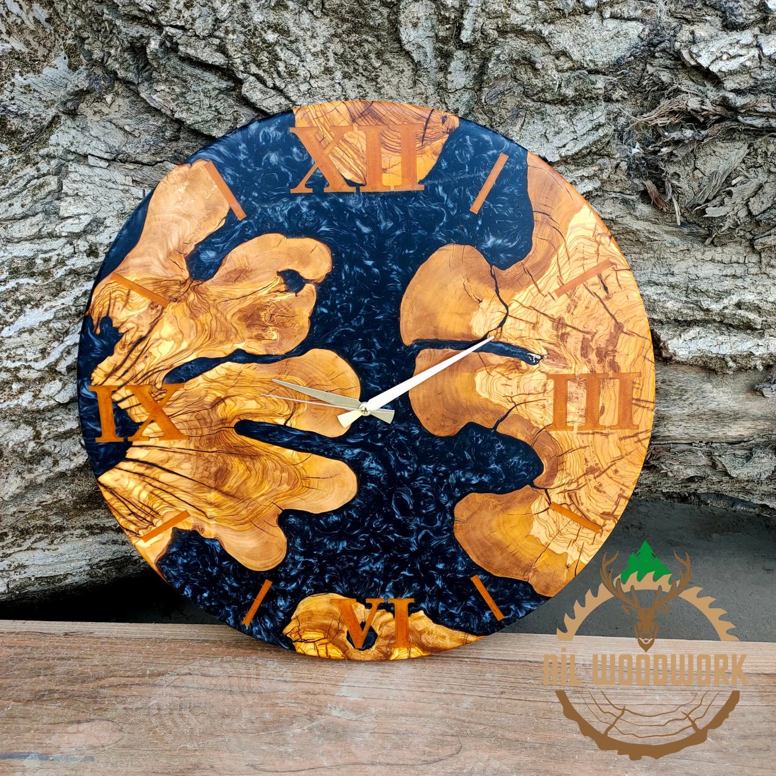 Personalized Large Wall Clock Made of Walnut Wood – Unique Epoxy Resin Wall Clock with Modern Elegance, Custom Resin Wooden Wall Clock, Handmade Olive Wood Timepiece for Home Décor-Wall Clock-BEESARI
